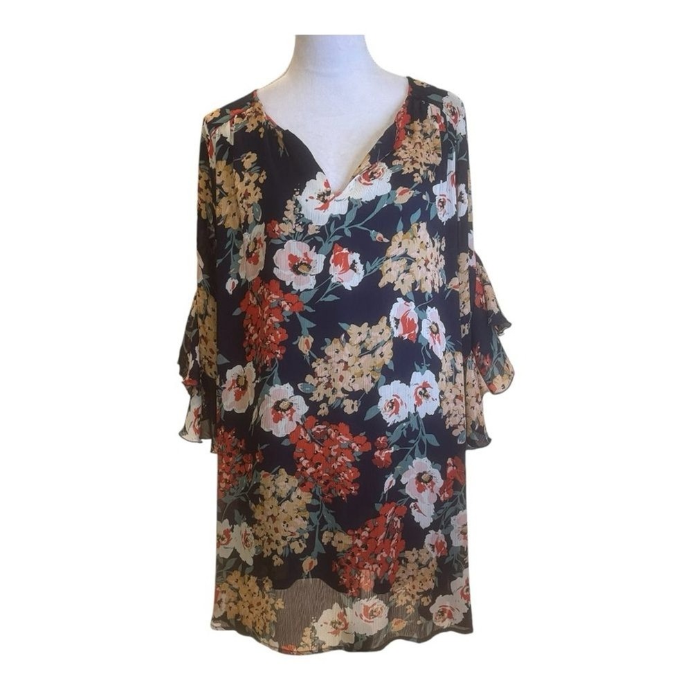 Floral Print Dress V Neck Long Sleeve‎ Ruffle Cuff Lightweight Flowy